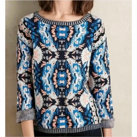Anthropologie Moth Geometric Cabine Blue & Peach Kaleidoscope Sweater Size M - Picture 1 of 7
